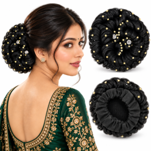 Stone-Studded Curly Hair Juda Bun for Women & Girls, Black