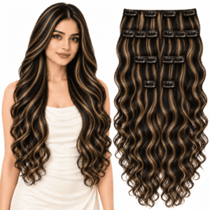 Paradise 7 pc 16 Clips Curly/Wavy Hair Extensions For Women And Girls 160grams Brown With Golden Highlight Color