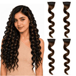 Paradise Curly Colored Hair Strips 1Clip Hair Extensions For Women And Girls Brown With Golden Highlights Pack Of 4