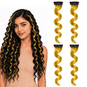 Paradise Curly Colored Hair Strips 1Clip Hair Extensions For Women And Girls Golden Pack Of 4