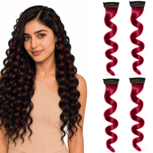 Paradise Curly Colored Hair Strips 1Clip Hair Extensions For Women And Girls Maroon Pack Of 4