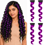 Paradise Curly Colored Hair Strips 1Clip Hair Extensions For Women And Girls Purple Pack Of 4