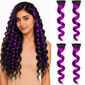 Paradise Curly Colored Hair Strips 1Clip Hair Extensions For Women And Girls Purple Pack Of 4