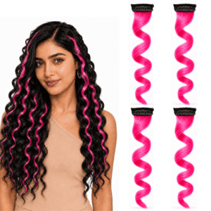 Paradise Curly Colored Hair Strips 1Clip Hair Extensions For Women And Girls Pink Pack Of 4