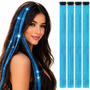 Glitter Hair Strips Hair Extensions For Women And Girls Set Of 4pc Blue