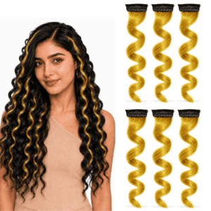 Paradise Curly Colored Hair Strips 1Clip Hair Extensions For Women And Girls Golden Pack Of 6