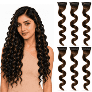 Paradise Curly Colored Hair Strips 1Clip Hair Extensions For Women And Girls Brown With GoldenHighlights Pack Of 6