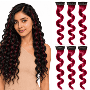 Paradise Curly 20inch Colored Hair Strips 1Clip Hair Extensions For Women And Girls Maroon Pack Of 6