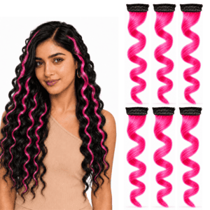 Paradise Curly Colored Hair Strips 1Clip Hair Extensions For Women And Girls  Pink Pack Of 6