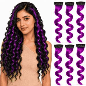 Paradise Curly Colored Hair Strips 1Clip Hair Extensions For Women And Girls Purple Pack Of 6